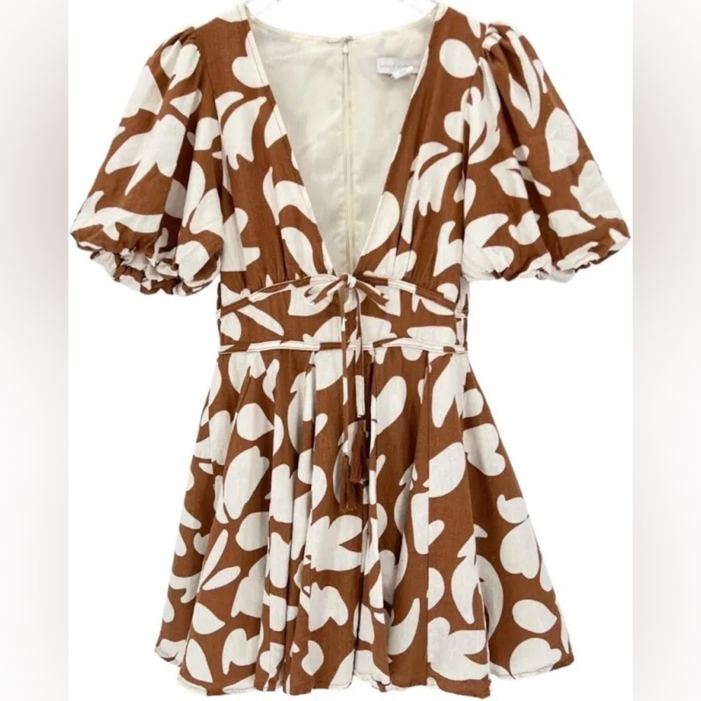 House of Harlow 1960 Linen Blend Fit Flare Brown Cream Floral Mini Dress Size 6
